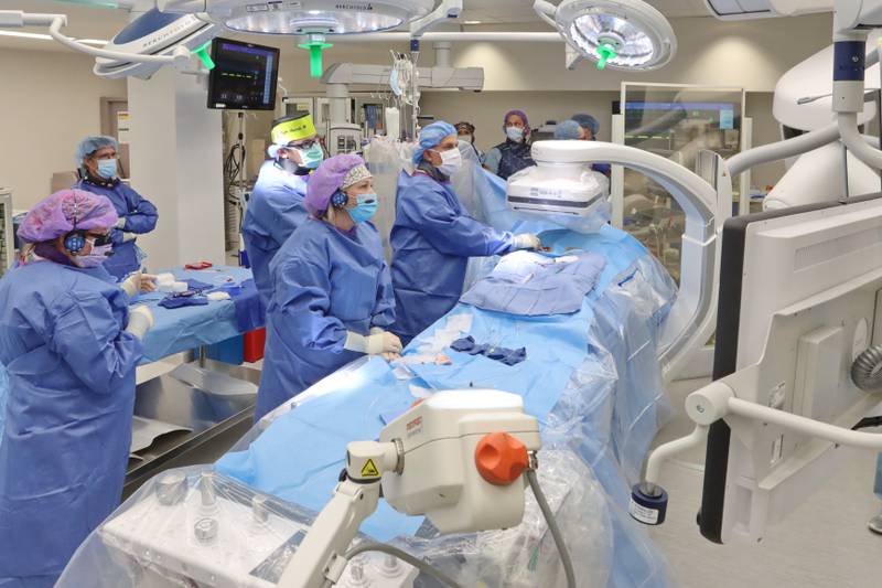 On Jan. 13, Margaret Zelhart of Plainfield became the first person to receive a transcatheter aortic valve replacement (TAVR) procedure in AMITA Health Saint Joseph Medical Center’s new hybrid catheterization lab. The lab opened Nov. 18.