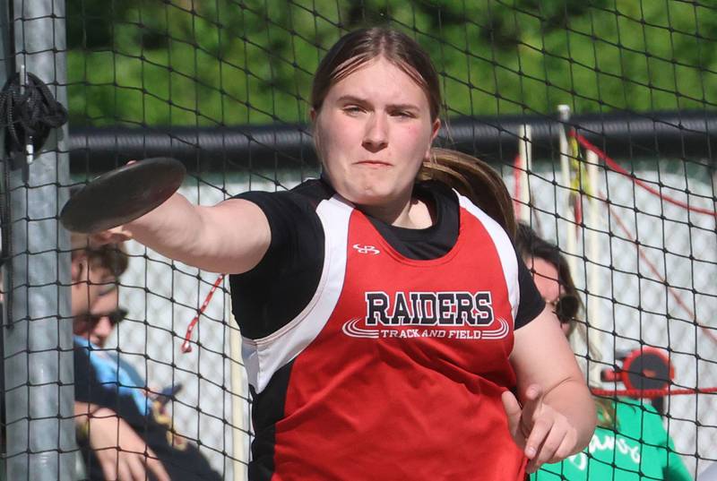 Earlville's Emily Harrison throws discus during the Class 1A Sectional meet on Thursday, May 14, 2026 at Seneca High School.