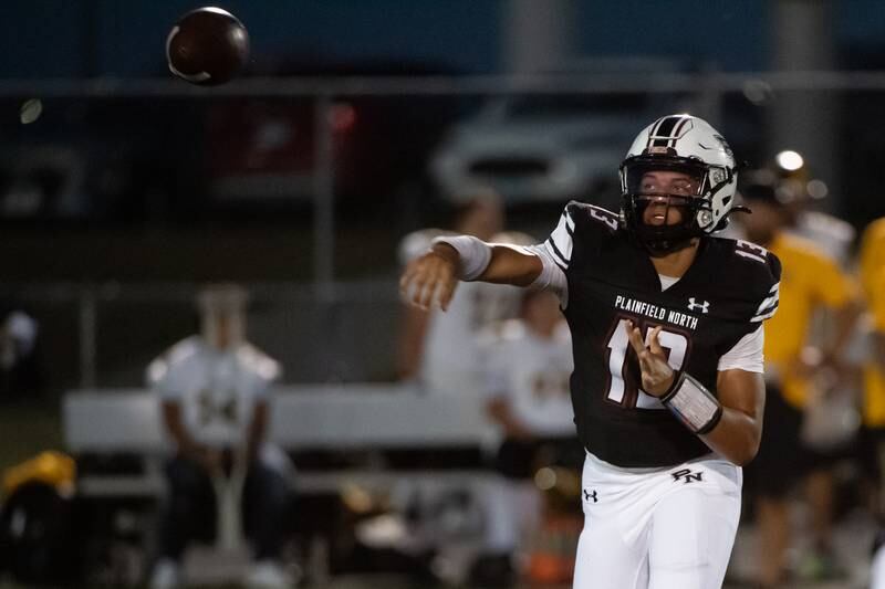 Plainfield North's Justus Byrd throws a pass during a game against Joliet West Friday Sept. 20, 2024 at Plainfield North High School