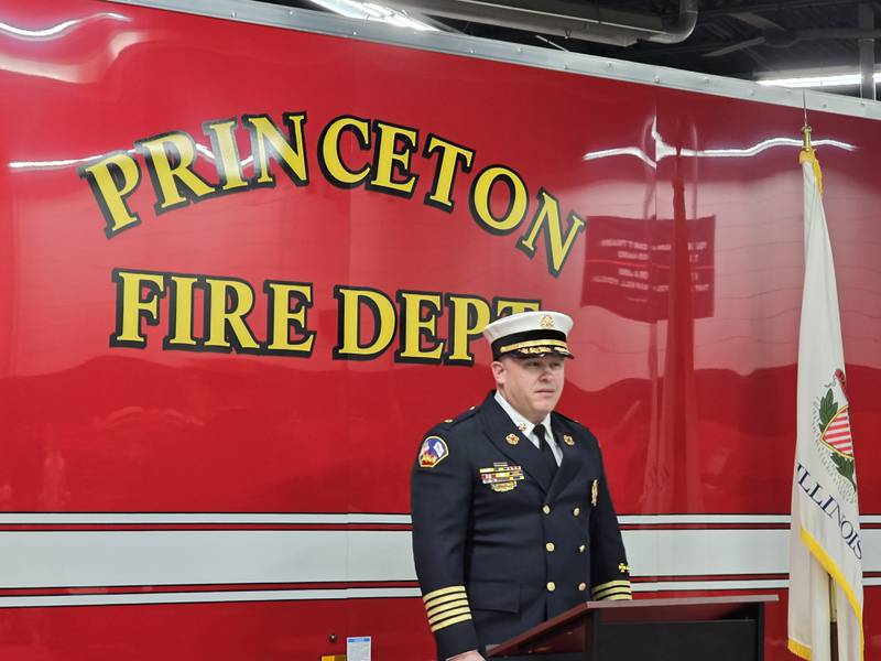 Princeton Fire Chief Scott Etheridge talks about newly-promoted Lt. Nick Dykstra on Monday, March 3, 2025, during Dykstra's swearing-in ceremony.