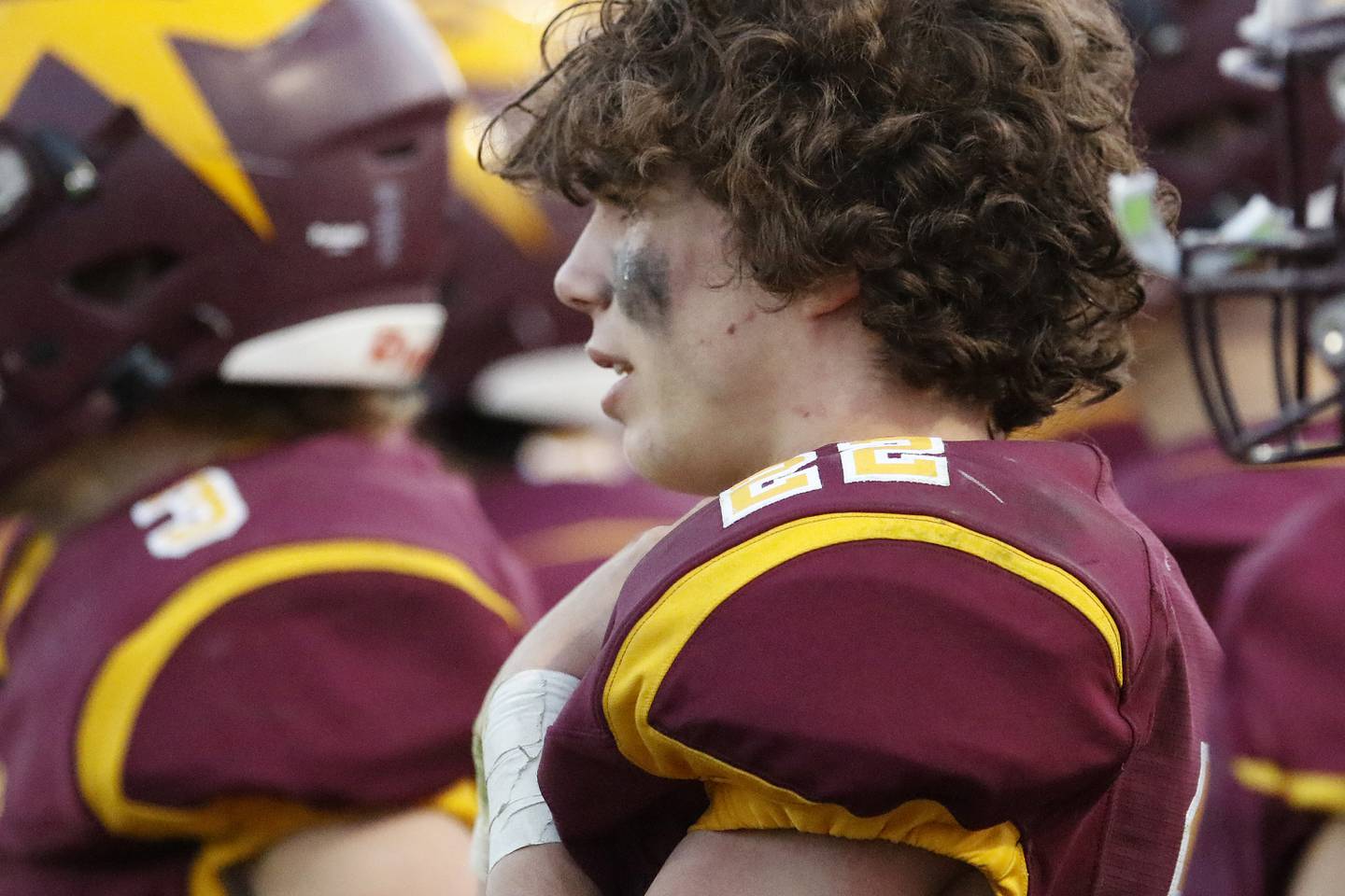 Richmond-Burton's Landon Jacoby watches with tears in his eyes on the sidelines in the final minute of play during their IHSA Class 4A semifinal football game on Saturday, Nov. 20, 2021 at Richmond-Burton High School in Richmond. Joliet Catholic won 35-18, delivering Richmond-Burton their first loss in three years.