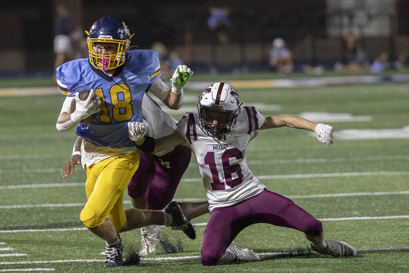 Sterling’s Koltyn Chapman is pushed out of bounds after a gain against Moline Friday, Sept. 12, 2025.