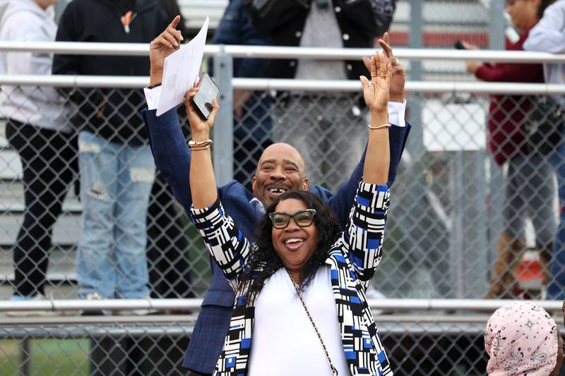Jamar and Jaime Hayes connect with their son, Jamar Hayes, Jr., as he enters the stadium for the Bradley-Bourbonnais Community High School commencement ceremony on Thursday, May 21, 2026.