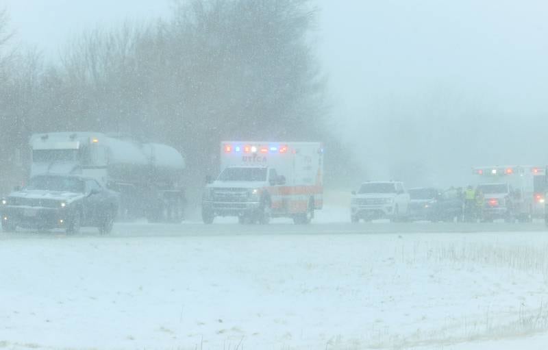Utica and La Salle EMS, along with La Salle Fire work the scene of a crash in the southbound lane of Interstate 39 near the Interstate 80 interchange on Monday, March 16, 2026 near La Salle.