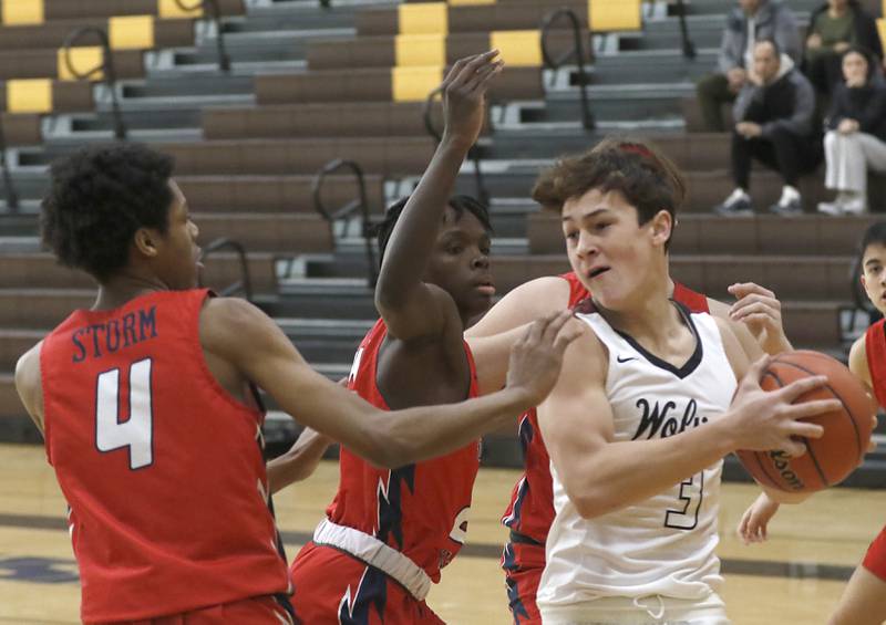 Prairie Ridge's Joseph Vanderwiel tries to control the ball between South Elgin’s Elias Williams , Ethan Zagore and Nathan Dinse during a Hinkle Holiday Classic basketball game Tuesday, Dec. 27, 2022, at Jacobs High School in Algonquin.