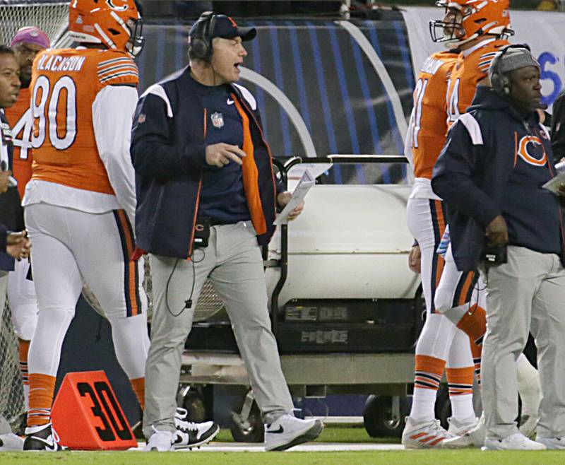 Chicago Bears head coach Matt Everflus walks the sideline during the game against the Washington Commanders on Thursday, Oct. 13, 2022 at Soldier Field.