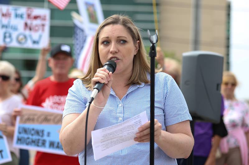 State Rep Rachel Ventura, D-Joliet, speaks at the No Kings Day protest on Saturday, June 14, 2025 in Joliet. Several hundred people showed up for the event.