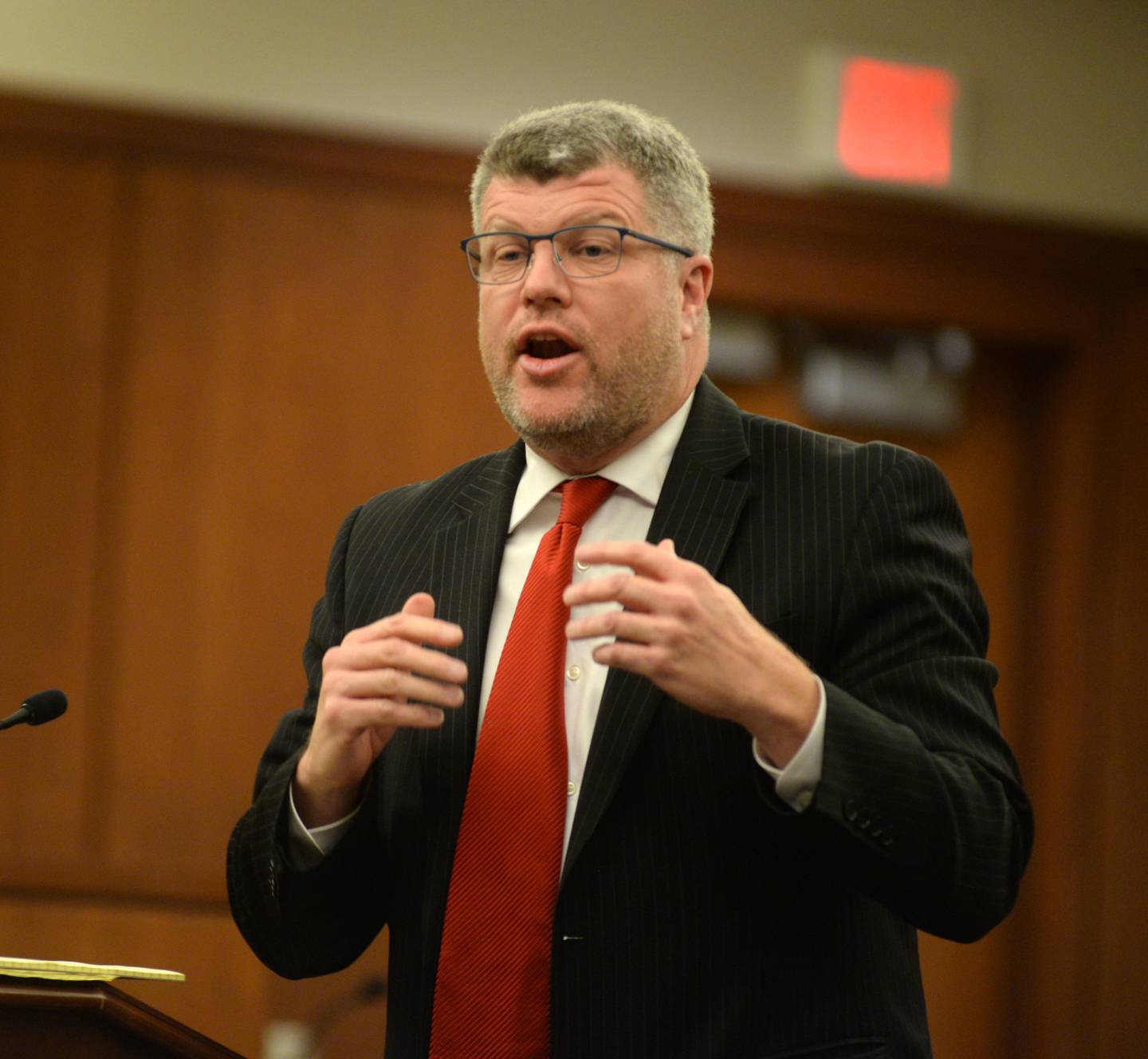 Defense attorney Liam Dixon makes his opening arguments during the Matthew Plote trial at the Ogle County Judicial Center in Oregon on Monday, March 18, 2024.