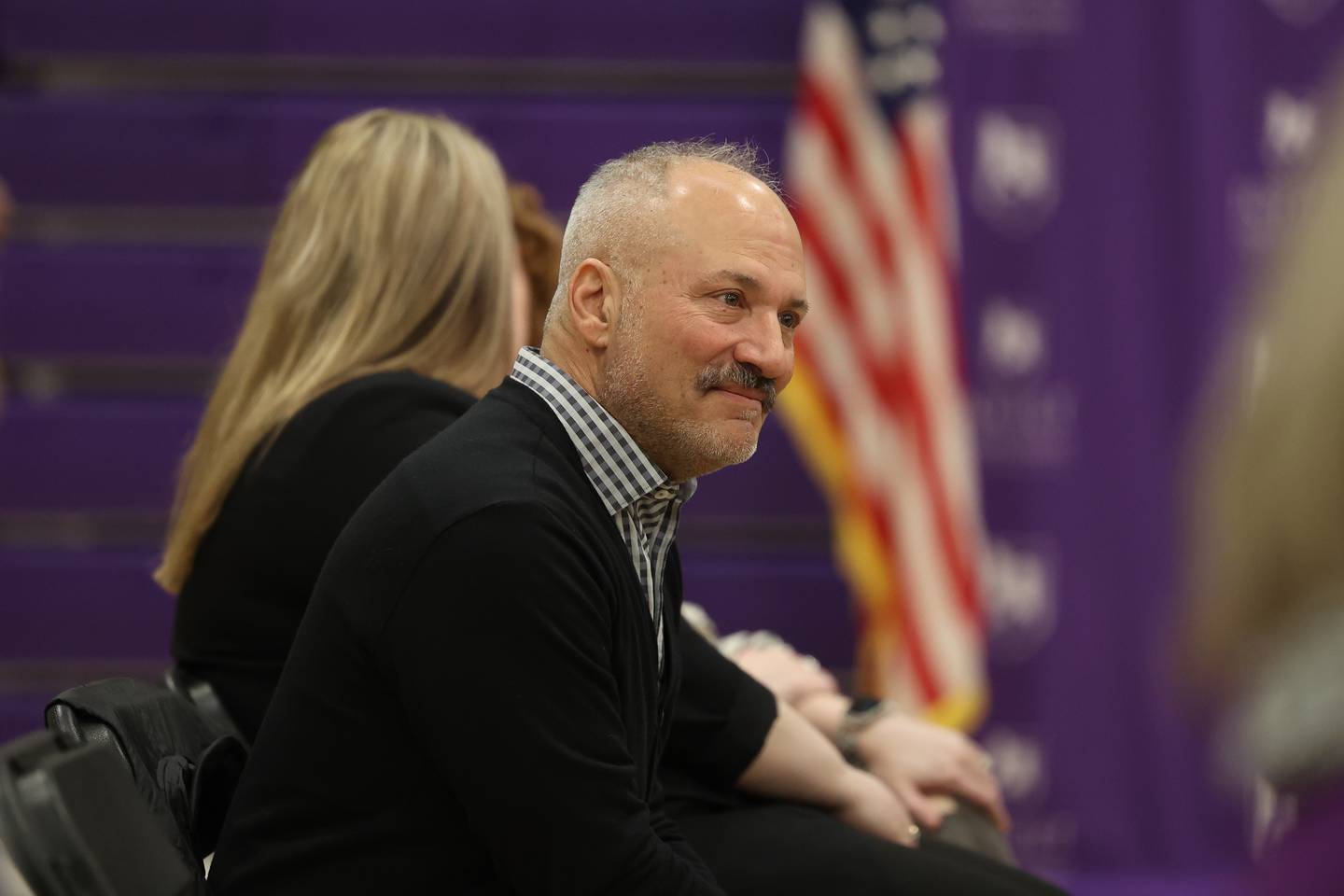 Plainfield Mayor John Argoudelis attends a press conference regarding the state’s proposed investment in higher education at Joliet Junior College on Thursday, March 16th, 2023.