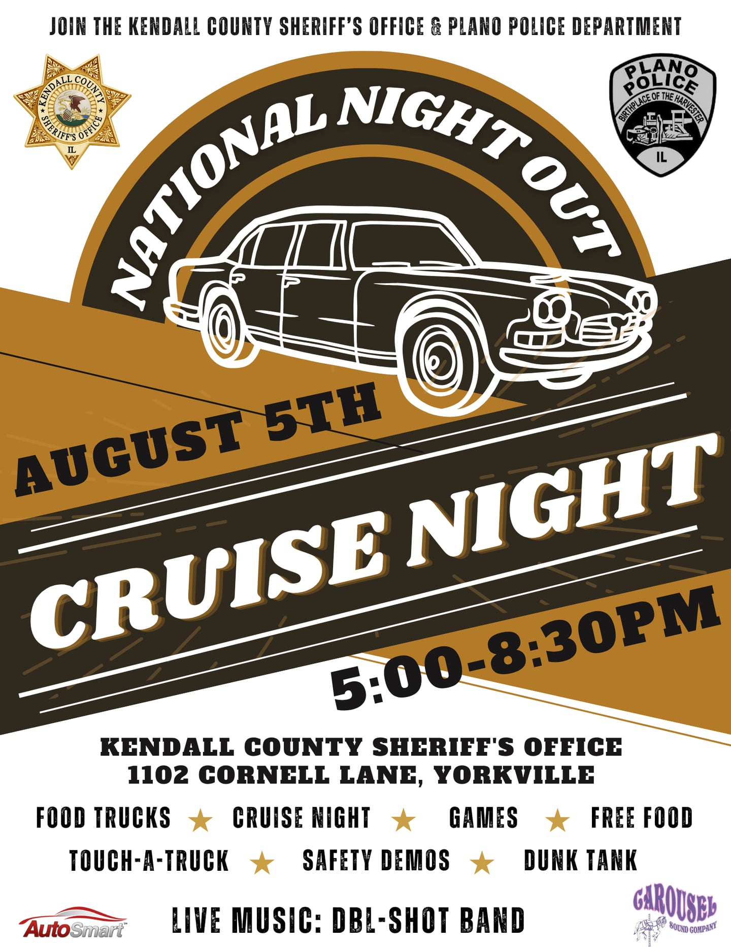 The Kendall County Sheriff’s Office will holds its annual National Night Out celebration from 5 to 8:30 p.m. Tuesday, August 5, 2025 at the Kendall County Sheriff’s Office, 1102 Cornell Lane, Yorkville.