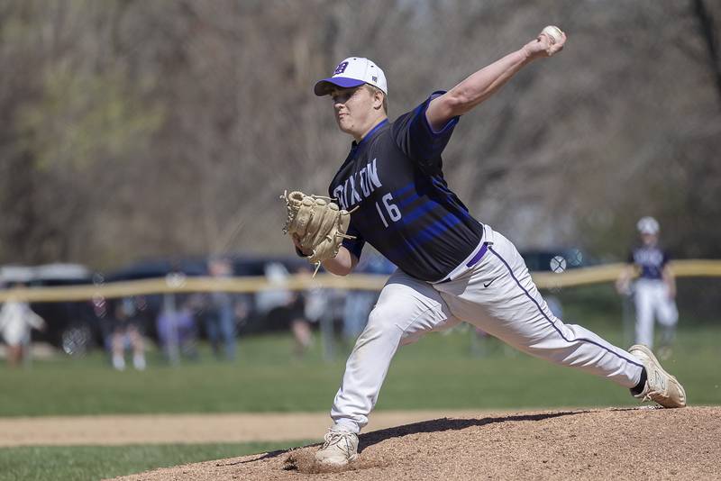 Dixon’s Brady Lawrence fires a pitch against Newman Saturday, April 13, 2024 at Veterans Memorial Park in Dixon.