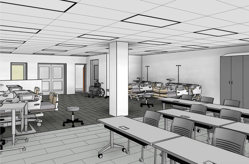 A classroom at Crystal Lake Central High school will be renovated to mirror what a student would experience in a medical setting. This rendering by FGM Architects from January 2022 shows the project.