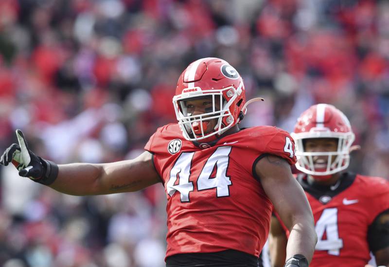 Georgia's Travon Walker celebrates after sacking Missouri quarterback Tyler Macon on Nov. 6, 2021, in Athens, Ga.