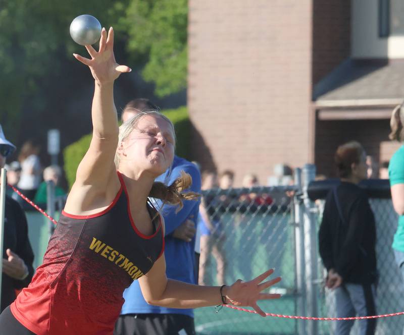 Westmont's Kotryna Vanagas throws shot put during the Class 1A Sectional meet on Thursday, May 14, 2026 at Seneca High School.