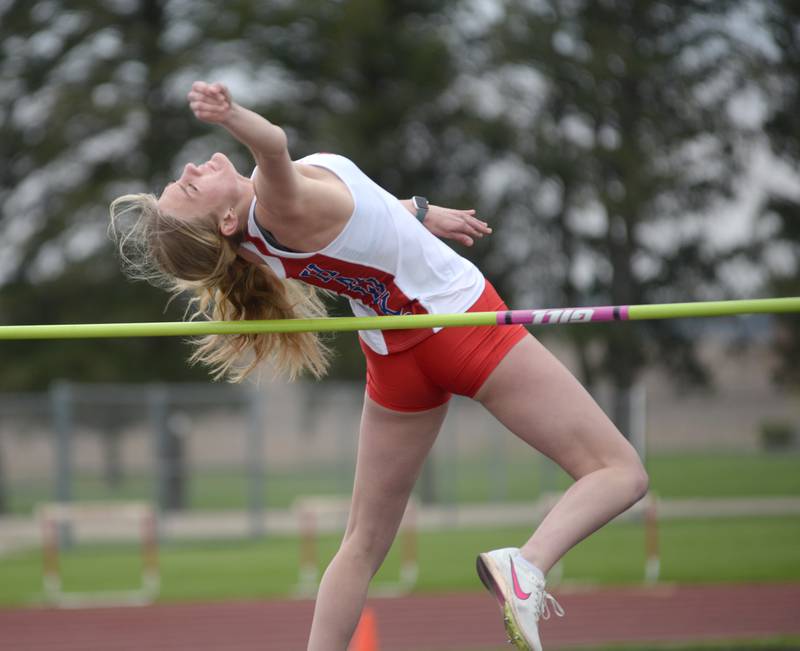 Oregon's Slylar Bishop clears the bar in  the high jump at the Landers-Loomis Invitational track meet on Friday, April 25, 2025 held at Oregon High School. She won the event clearing 1,57 meters.