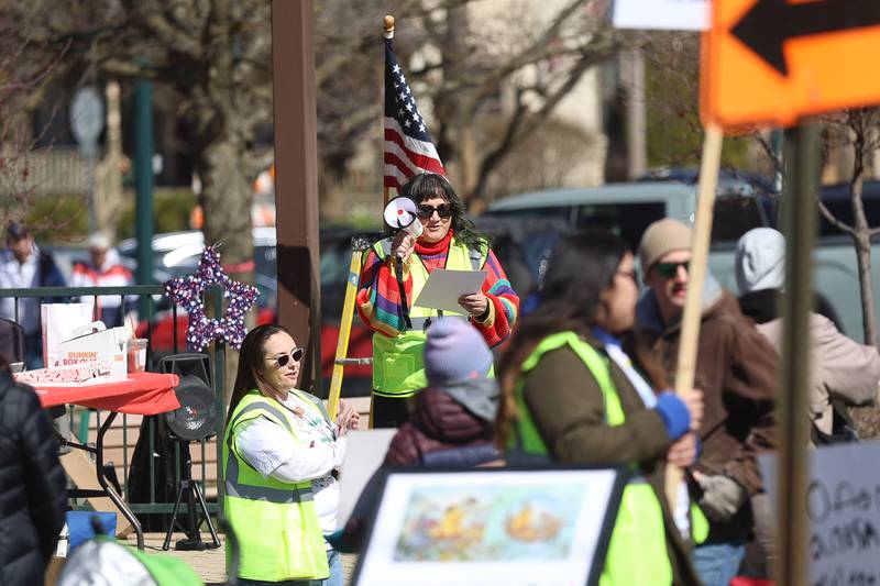 Jackie DeNardo speaks on the lawn outside Lockport City Hall at the No Kings rally on Saturday, March 28, 2026.