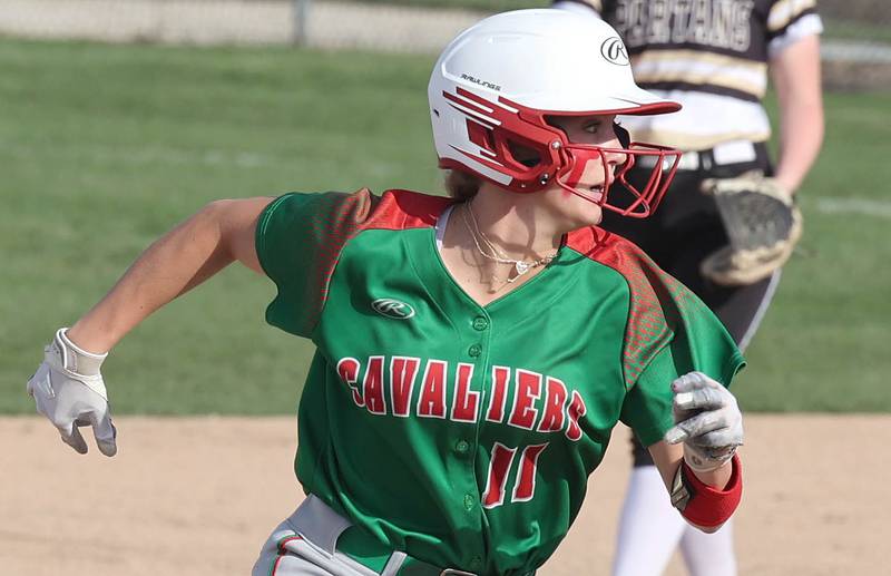 LaSalle-Peru's Ava Lambert hustles to third on a wild pitch during their game Tuesday, April 11, 2023, at Sycamore High School.