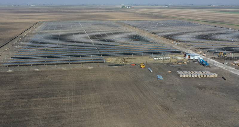 An aerial view of a solar farm being constructed just north of the intersection of North 33 Road and Illinios Route 23 on Wednesday, May 14, 2025 north of Ottawa.