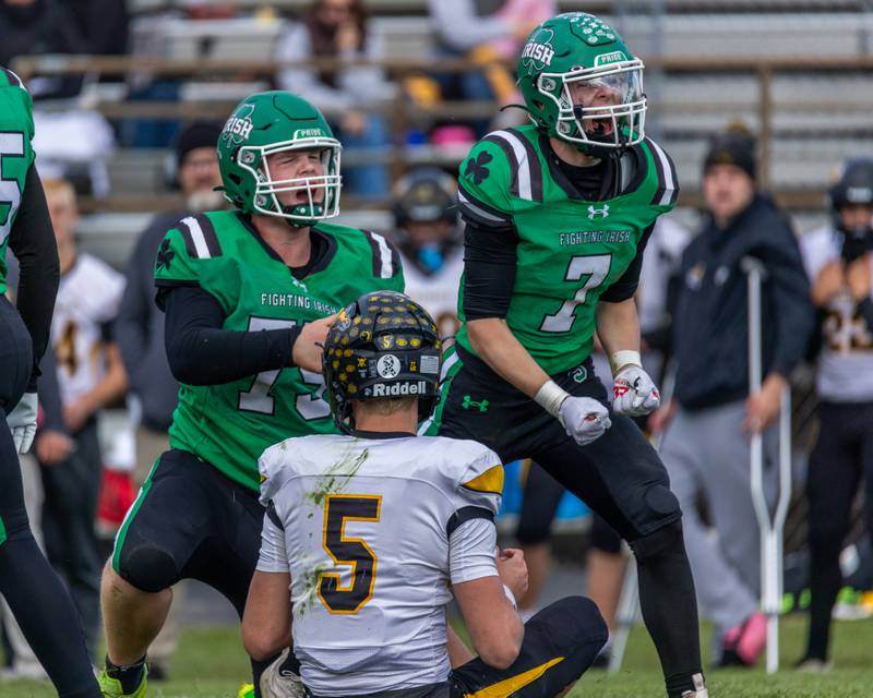 Wyatt Biffany (7) of Seneca yells in celebration after tackling Abram Krier (5) of Riverdale on Saturday, November 1, 2025 at Seneca High School in Seneca.