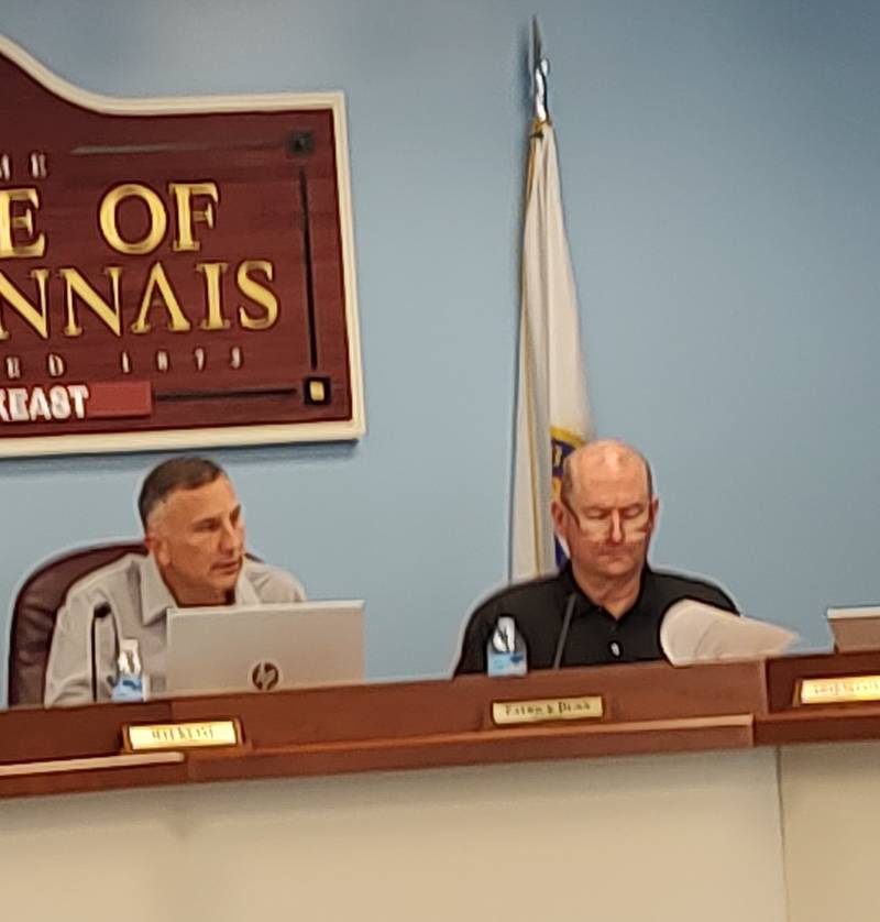 Bourbonnais Mayor Jeff Keast, left, and village attorney Patrick Dunn listen to discussion by trustees during the board meetingSept. 15, 2025.