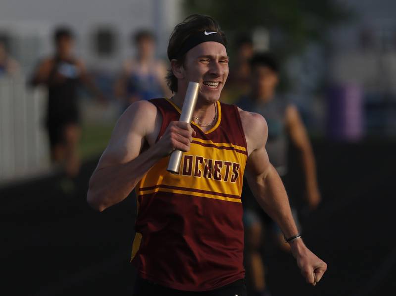 Richmond-Burton’s Jack Verdoni cruises to the finish line to win the 4 x 200 meter relay during the IHSA Class 2A Belvidere Boys Track and Field Sectional Thursday, May 19, 2022, at Belvidere High School.
