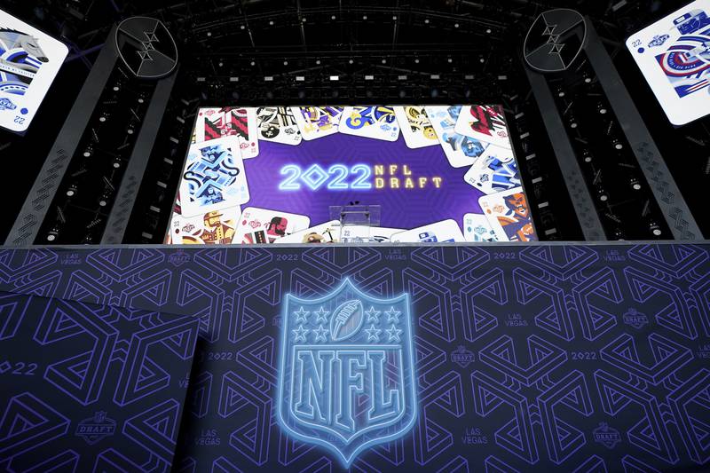 A general view of the stage at the NFL Draft Theater, Wednesday, April 27, 2022, in Las Vegas. The 2022 NFL Draft will be held April 28-April 30.