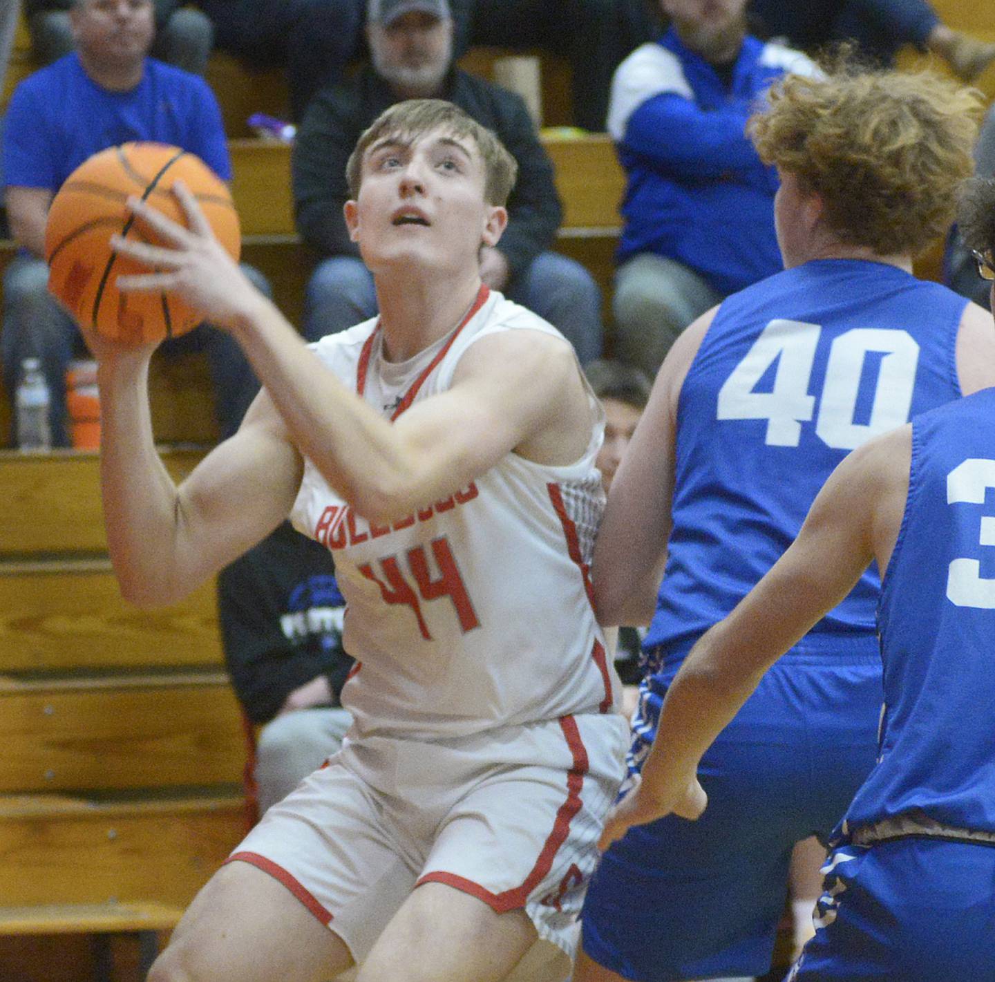 After getting past Peotone’s Logan Mather, Streator’s Nolan Lukach eyes the basket for a shot in the second period Tuesday at Streator.