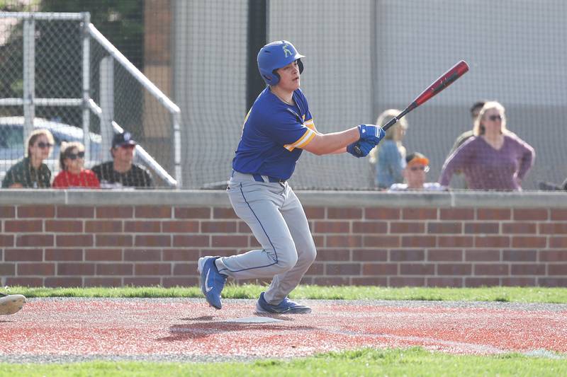 Joliet Central’s Robert Fitzpatrick connects for a single against Joliet West on Tuesday, May 9, 2023 in Joliet.