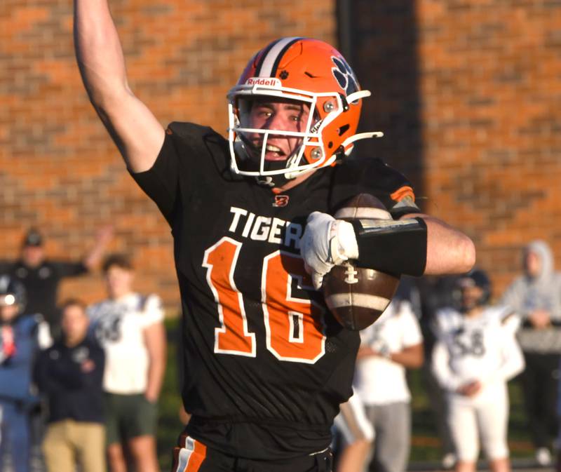 Byron's Andrew Talbert (16) reacts after intercepting a fourth quarter pass against  Elmhurst IC Catholic during a 3A quarterfinal game at Byron High School on Saturday, Nov. 15, 2025.