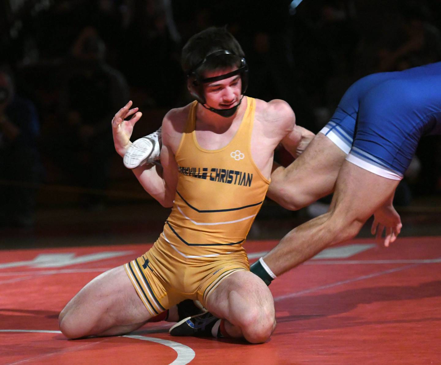 Yorkville Christian's Drew Torza wrestles Princeton's Augie Christiansen for third place at 145 pounds at the 1A Oregon Wrestling Sectional on Saturday. Torza won the match, but both wrestlers advance to the state finals.