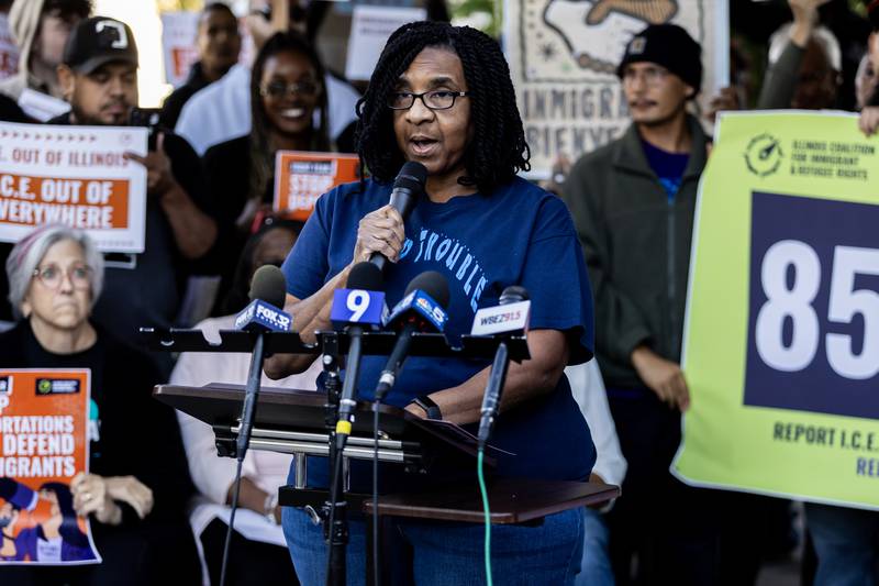 Will County board member Sherry Williams shares remarks during a press conference held to uplift immigrant families and denounce the presence of the Texas National Guard in Will County at Azteca de Oro in Joliet on Oct. 8, 2025.