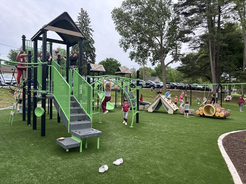 The new playground at Park East Inland Side recreation area includes features for kids ages 2-5 and 5-12. It was a popular place for kids at the Oregon Park District's grand opening celebration for the upgraded park on Monday, May 18, 2026.