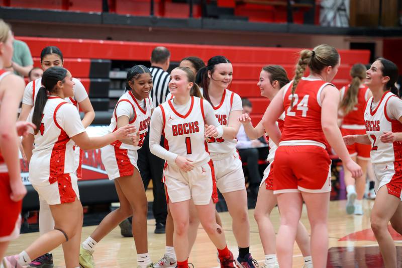 Bradley-Bourbonnais players rush to celebrate a 3-pointer at th