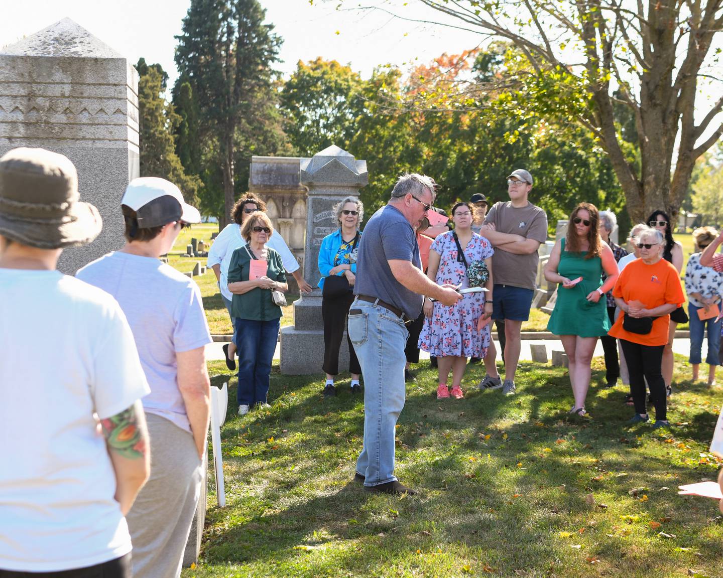 Joe McCormick speaks about Andrew Blanchard on Sunday Oct, 5, 2025, during the Etched in Stone cemetery walk held at Elmwood cemetery in Sycamore.