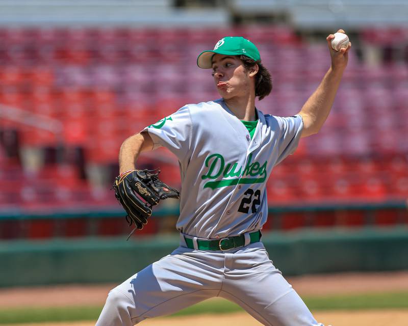 York's Tommy VanDaff (22) delivers to the plate during the Class 4A Supersectional game between York at McHenry.  June 7, 2022.