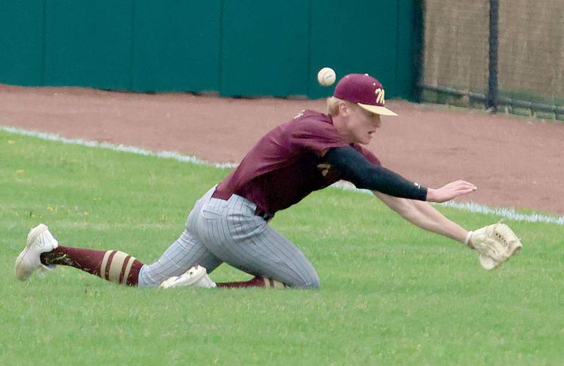 Morris's RJ Kennedy misses a pop fly in right field on Friday, April 17, 2026 at Huby Sarver Field in the L-P Athletic Complex in La Salle.