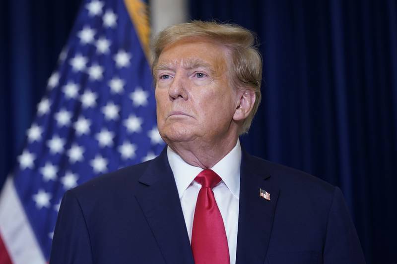 Former President Donald Trump speaks to the media at a Washington hotel, Tuesday, Jan. 9, 2024, after attending a hearing before the D.C. Circuit Court of Appeals at the federal courthouse in Washington. (AP Photo/Susan Walsh)