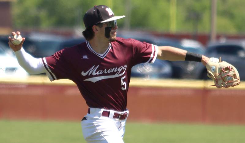 Marengo’s Michael Kirchhoff rifles to first base for an out against Rockford Christian in IHSA Class 2A Regional Title Game action baseball at Richmond-Burton High School in Richmond  on Saturday, May 24, 2025.