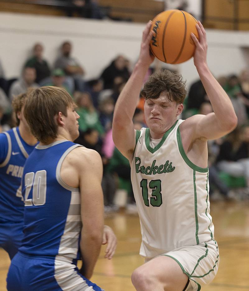 Rock Falls’ Ryken Howard drives the lane against Princeton’s Arthur Burden Saturday, Jan. 4, 2025, at the Rock Falls Shootout.