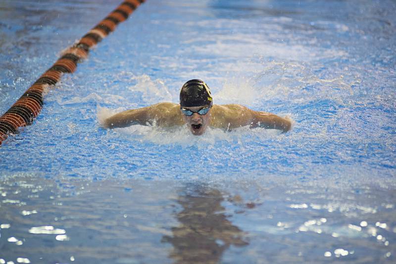Sterling’s Conner Porter swims the butterfly in the 200 yard medley relay Tuesday, Jan. 18, 2022 in Byron.