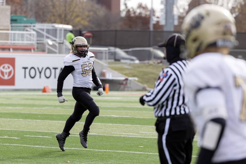 Camp Point's Kadin Niekamp comes off the field after a big stop against Lena-Winslow Friday, Nov. 24, 2023 in the 1A state football championship game at Hancock Stadium in Normal.