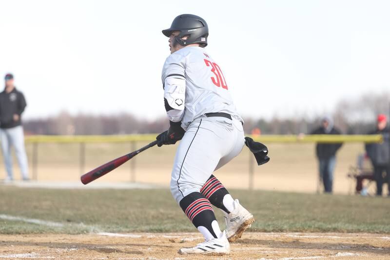Bolingbrook’s Tommy Corley drives in a run against Plainfield East on Monday, March 27, 2023.