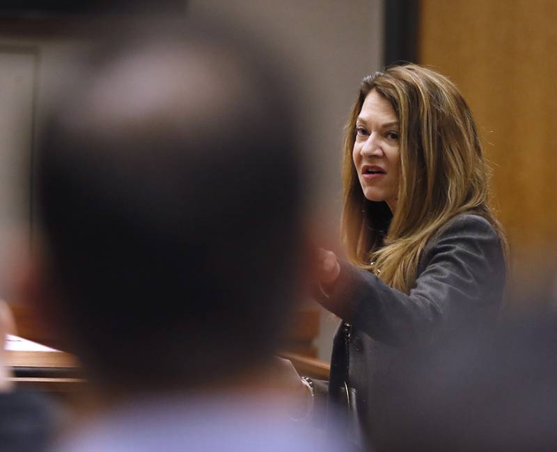Ashley Romito, chief of special prosecutions in the McHenry County State's Attorney's Office's criminal division, delivers her opening statement during William Bishop’s bench trial before McHenry County Judge Michael Coppedge on Monday, Oct. 17, 2022, in the McHenry County courthouse in Woodstock.