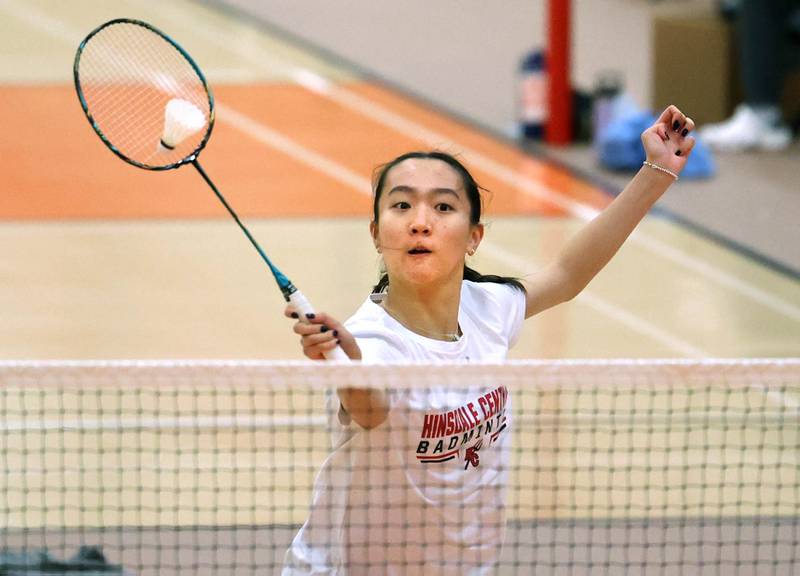 Hinsdale Central junior Kacy Liu hits a shot during her match against Haasini Vidapalapati, a junior at Rolling Meadows, Friday, May 10, 2024, during the IHSA State Badminton Finals at DeKalb High School. Liu fell to Vidapalapati in her first round match.