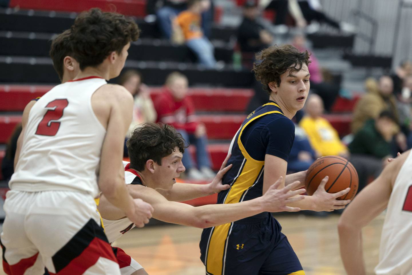 Polo's Carter Merdian handles the ball Wednesday, Jan. 25, 2023 in a game against Amboy.