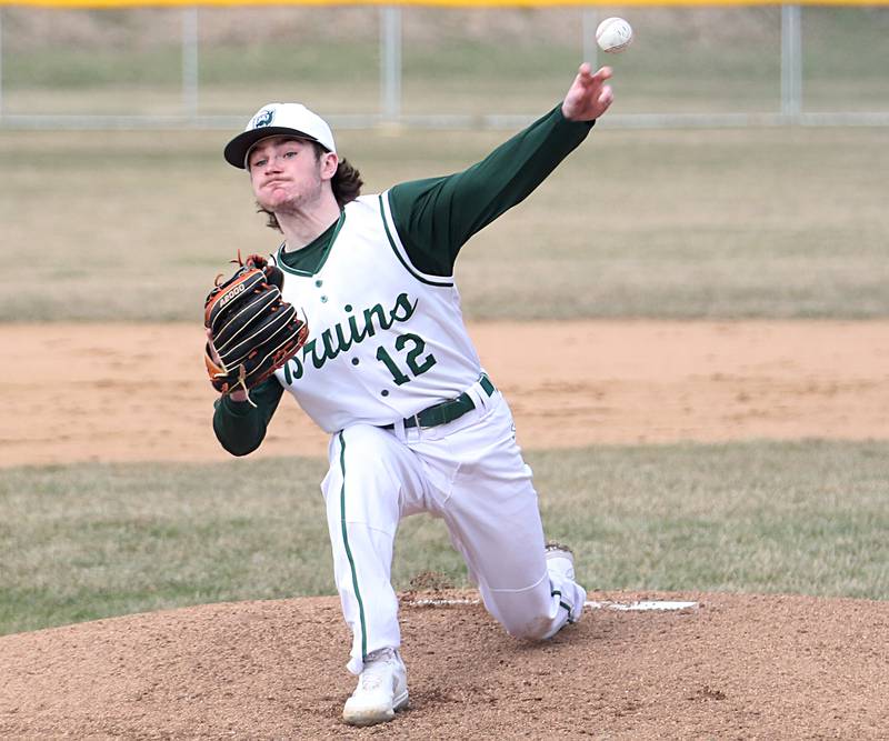 St. Bede's Seth Ferrari delivers a pitch to Riverdale at St. Bede Academy during the 2023 season.