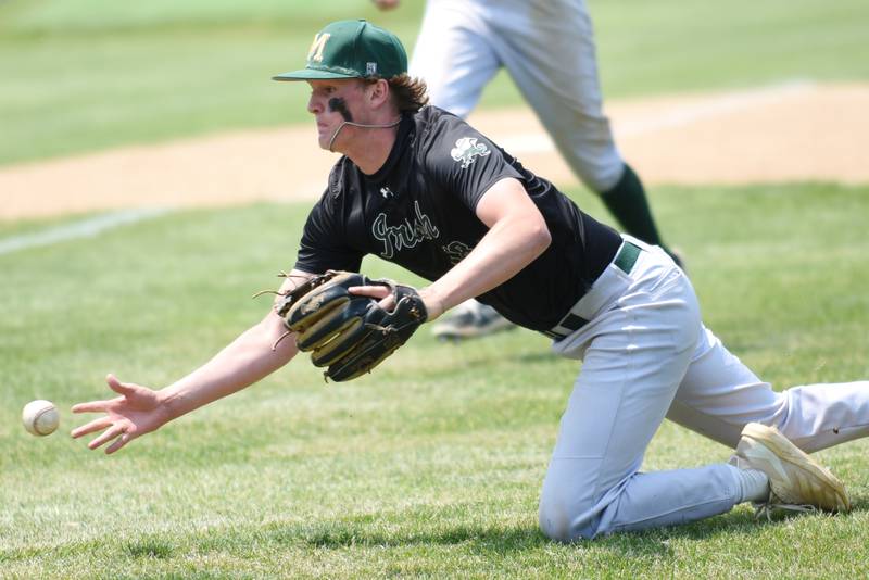 Bishop McNamara's Jacob Lotz flips a fielded bunt home during the Class 2A Beecher Sectional championship against Wilmington Saturday, May 31, 2025.