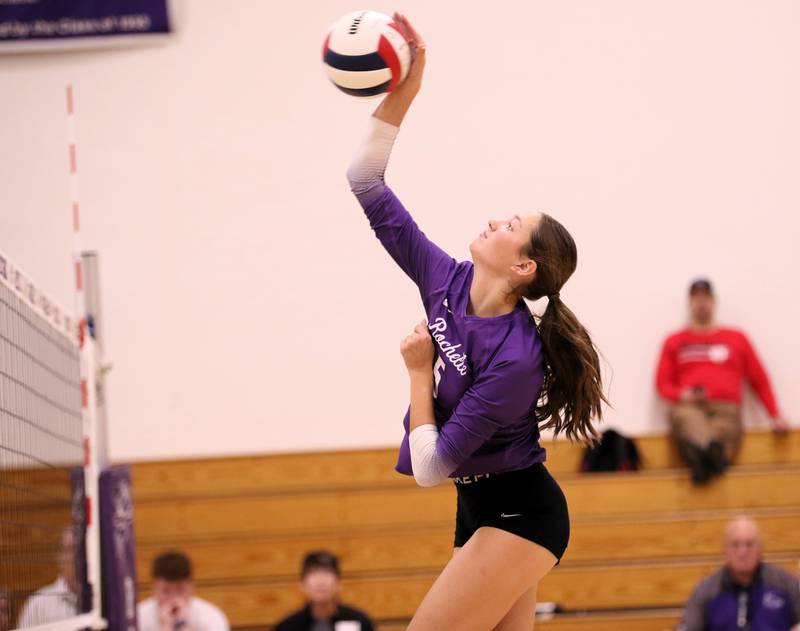 Rochelle's Audyn Kemp hits the ball during the Hubs' match with Kaneland on Sept. 23, 2025.