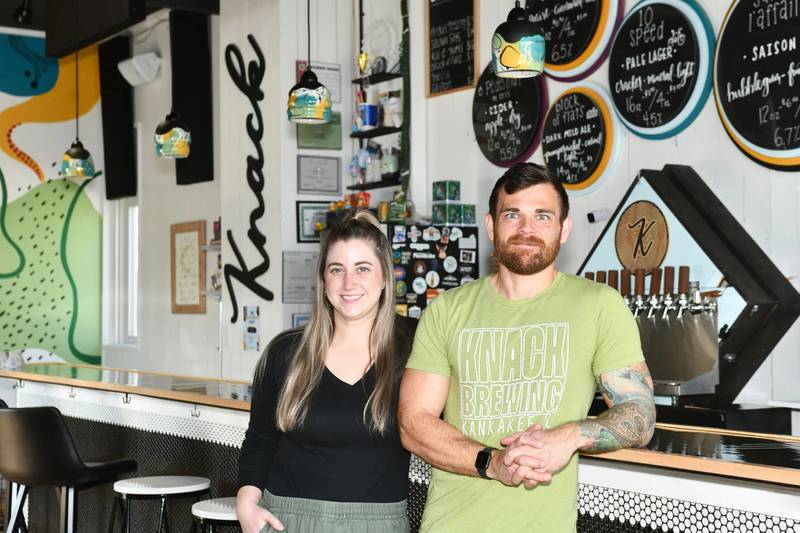 mily and Matt Strysik, owners of Knack Brewing & Fermentations, stand inside the nano-brewery located at 789 S. McMullen Drive in Kankakee. Knack is part of the tour.