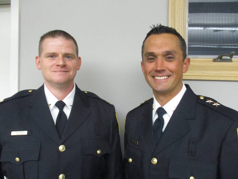 Yorkville police Cmdr. Patrick McMahon, left, and Deputy Chief Garrett Carlyle were promoted to their new roles and took the oath of office at the Oct. 11, 2022 Yorkville City Council meeting.